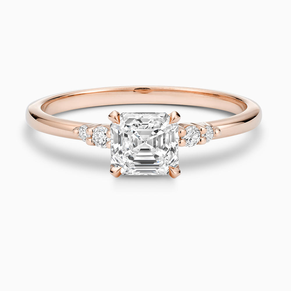 The Ecksand Engagement Ring with Eagle Prongs and Side Diamonds shown with Asscher in 14k Rose Gold