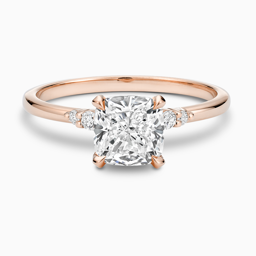 Ecksand's Engagement Ring with Eagle Prongs and Side Diamonds in 14k Rose Gold, Cushion