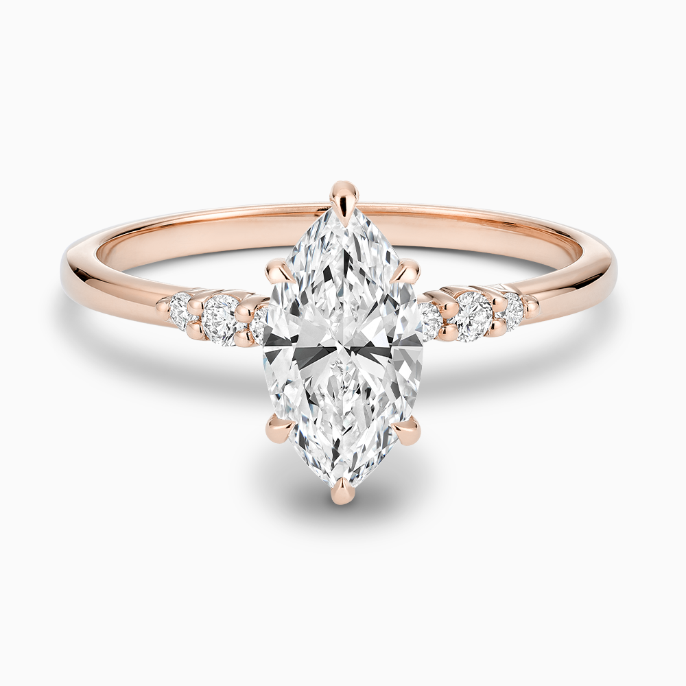 Ecksand's Engagement Ring with Eagle Prongs and Side Diamonds in 14k Rose Gold, Marquise