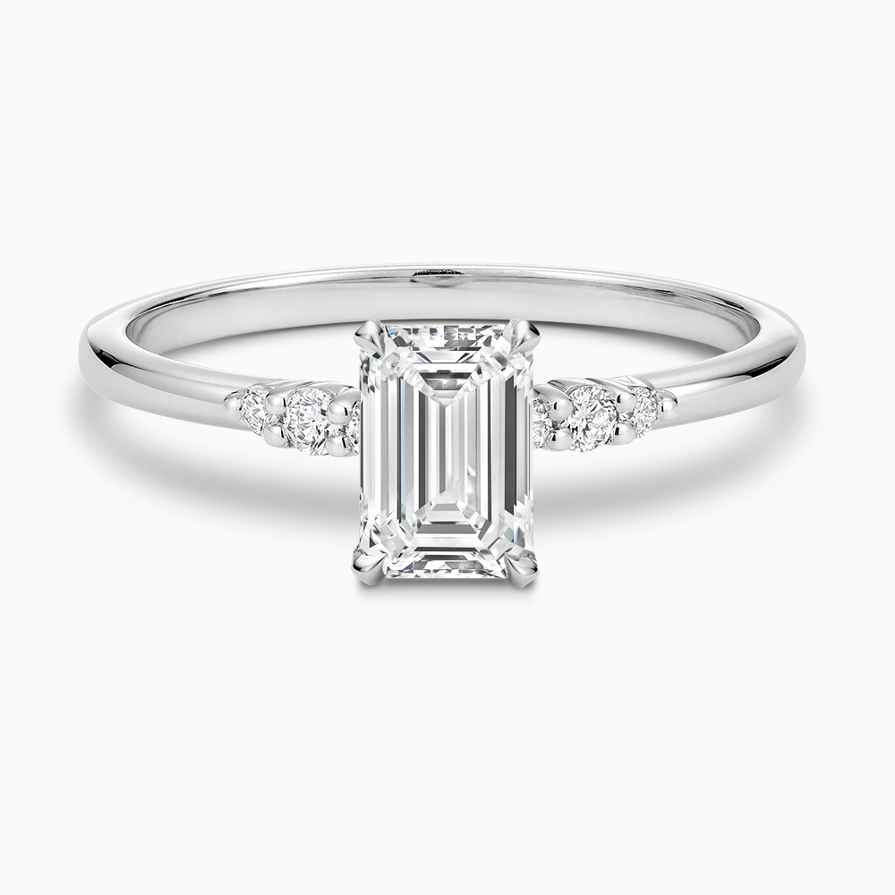 The Ecksand Engagement Ring with Eagle Prongs and Side Diamonds shown with Emerald in 14k White Gold