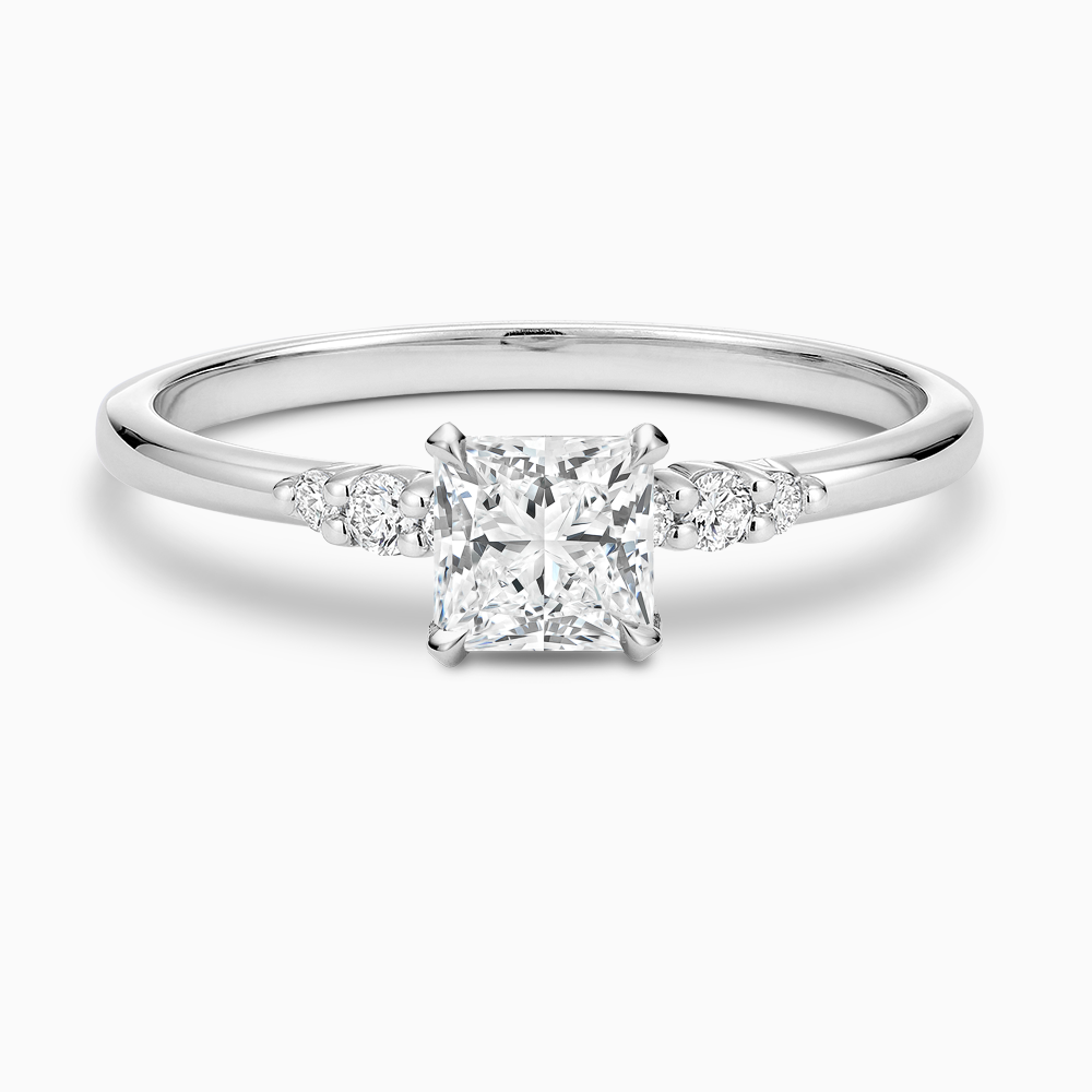 The Ecksand Engagement Ring with Eagle Prongs and Side Diamonds shown with Princess in 14k White Gold