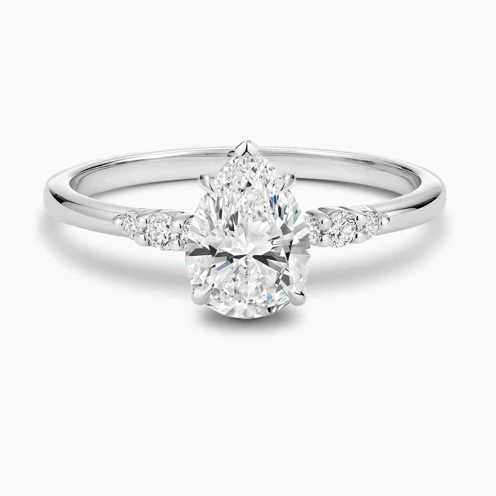 The Ecksand Engagement Ring with Eagle Prongs and Side Diamonds shown with Pear in 14k White Gold