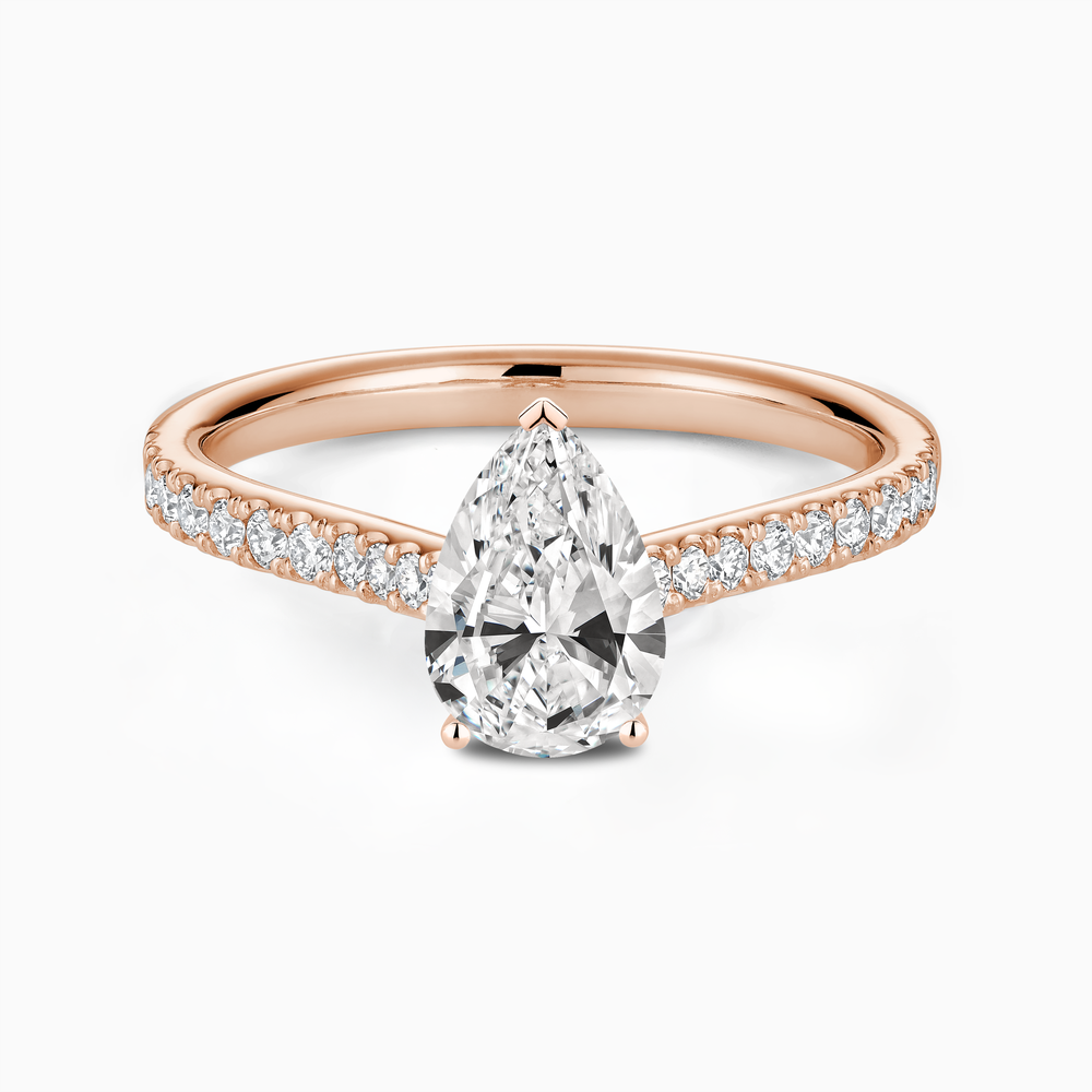 The Ecksand Four-Prong Engagement Ring with Diamond Pavé shown with Pear in 14k Rose Gold