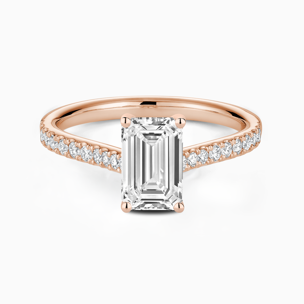 The Ecksand Four-Prong Engagement Ring with Diamond Pavé shown with Emerald in 14k Rose Gold