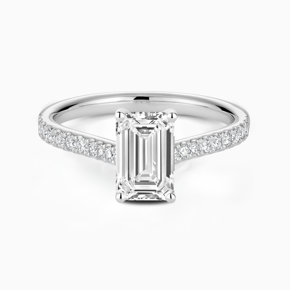 The Ecksand Four-Prong Engagement Ring with Diamond Pavé shown with Emerald in 14k White Gold