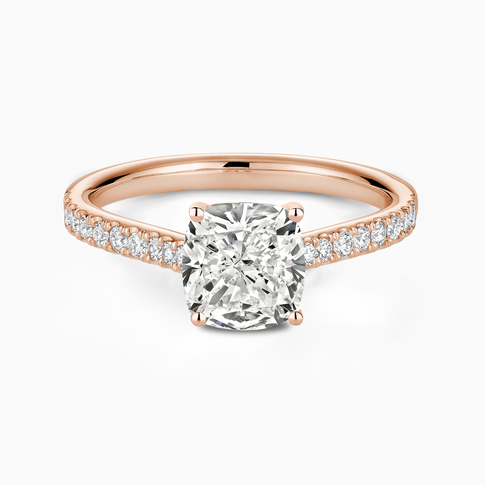 The Ecksand Four-Prong Engagement Ring with Diamond Pavé shown with Cushion in 14k Rose Gold