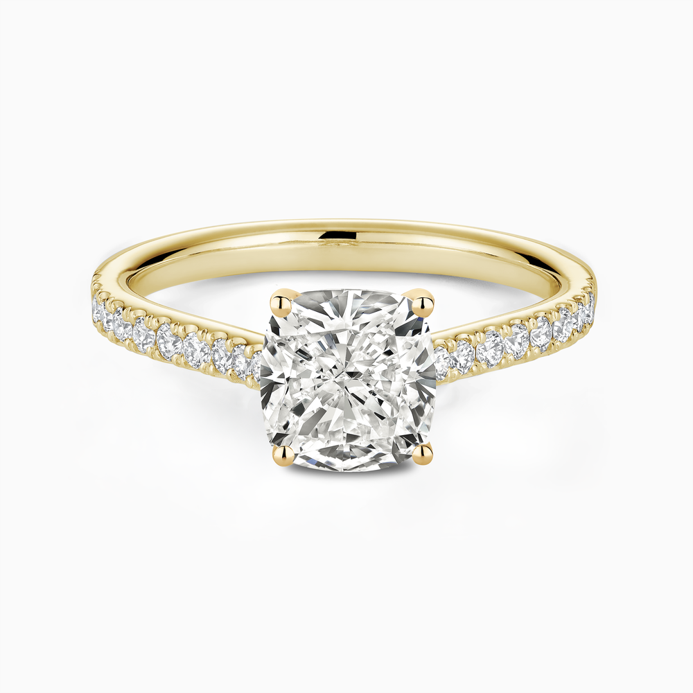 The Ecksand Four-Prong Engagement Ring with Diamond Pavé shown with Cushion in 14k Yellow Gold