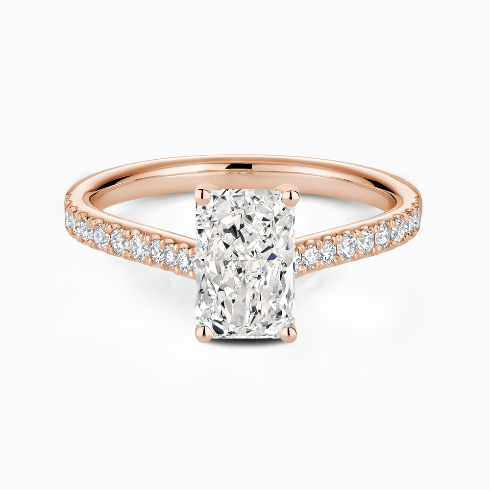 The Ecksand Four-Prong Engagement Ring with Diamond Pavé shown with Radiant in 14k Rose Gold