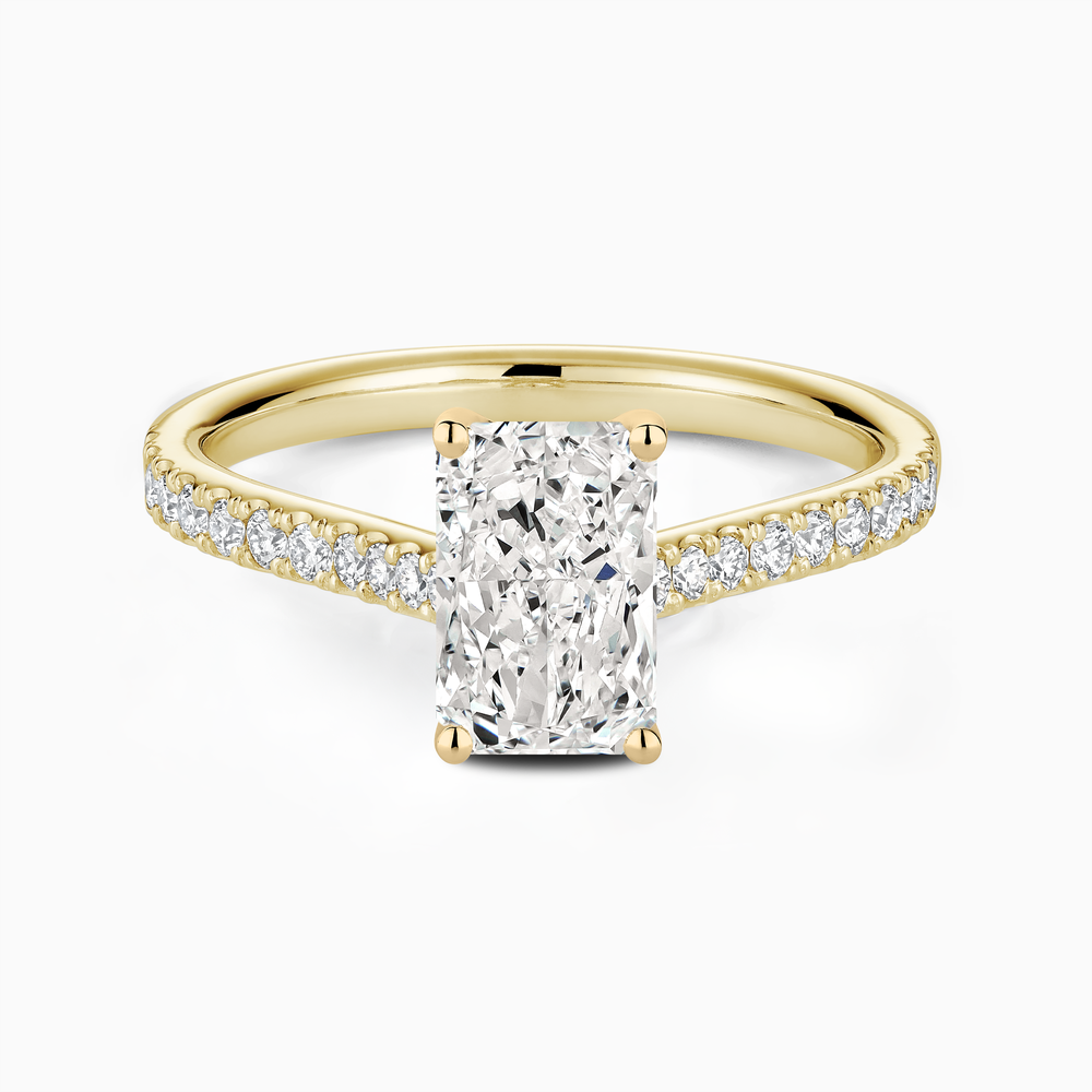 The Ecksand Four-Prong Engagement Ring with Diamond Pavé shown with Radiant in 14k Yellow Gold