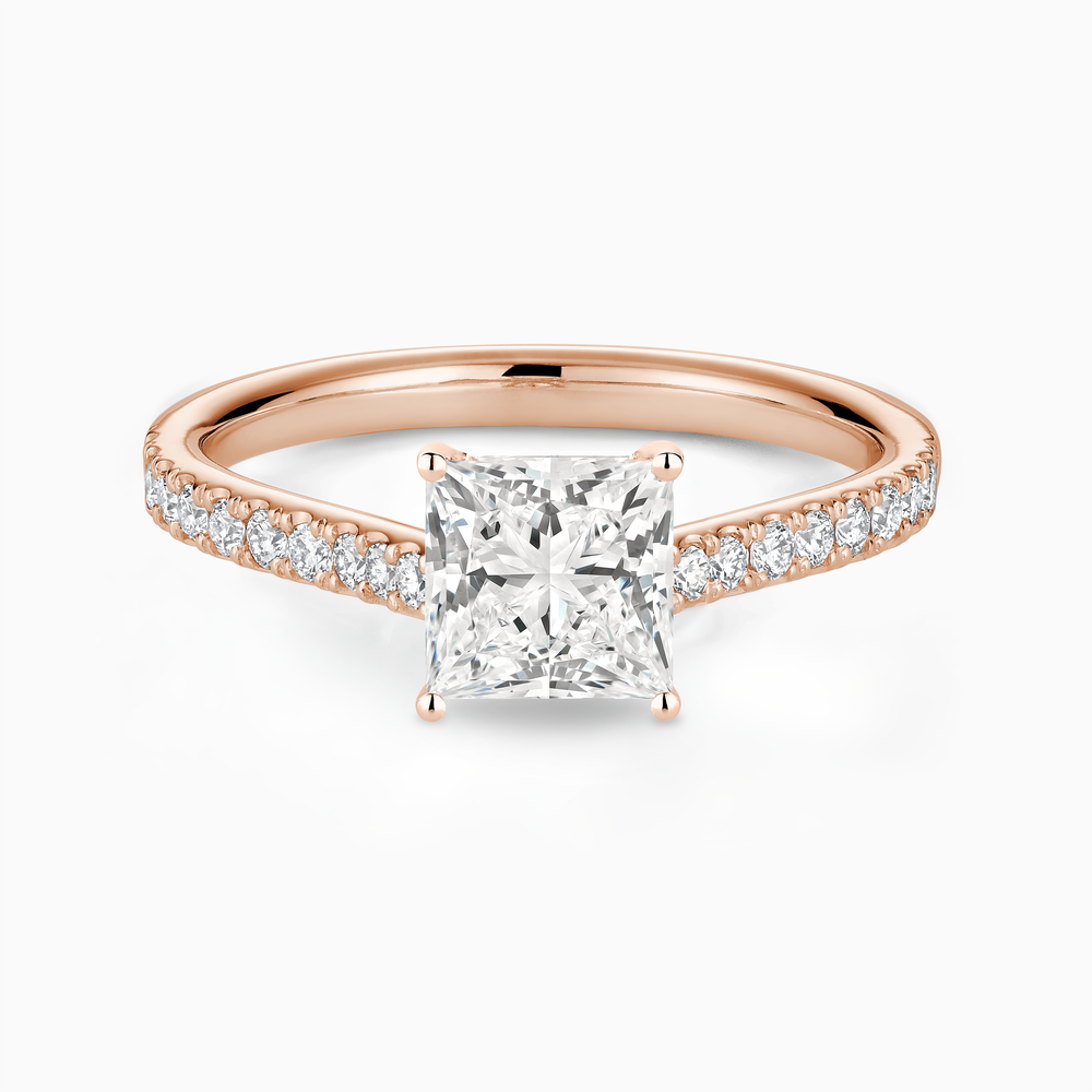 The Ecksand Four-Prong Engagement Ring with Diamond Pavé shown with Princess in 14k Rose Gold