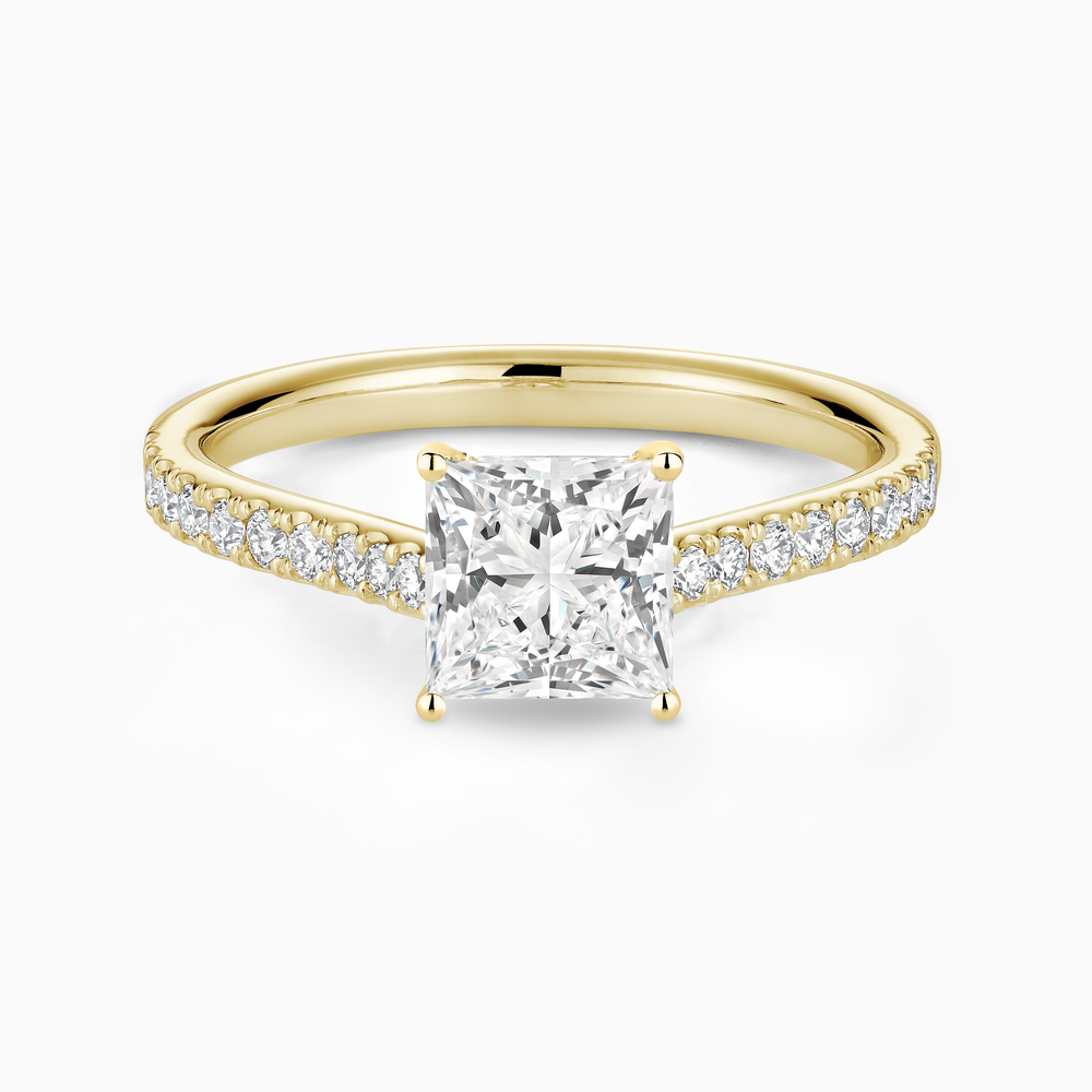 The Ecksand Four-Prong Engagement Ring with Diamond Pavé shown with Princess in 14k Yellow Gold