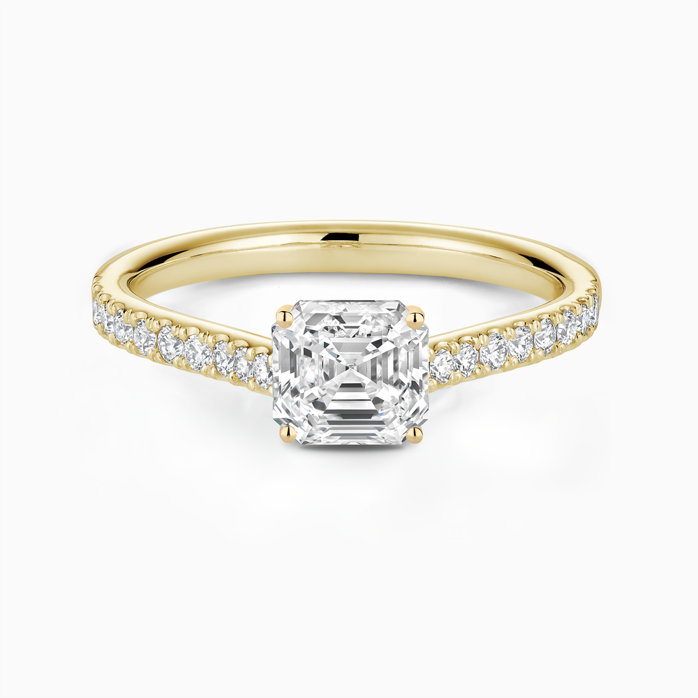 The Ecksand Four-Prong Engagement Ring with Diamond Pavé shown with Asscher in 14k Yellow Gold