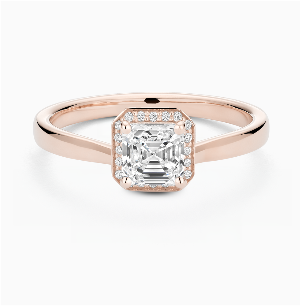 The Ecksand Love-Knot Diamond Halo Engagement Ring shown with Asscher in 14k Rose Gold