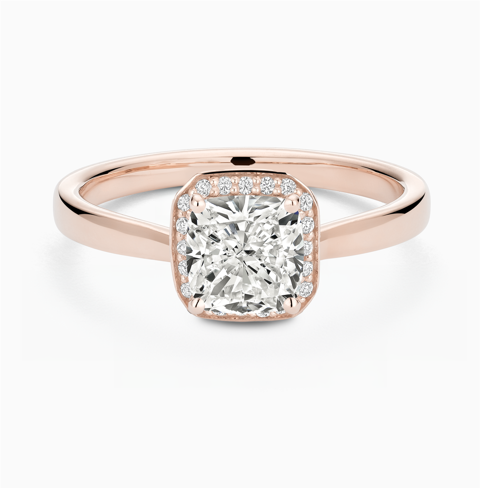 The Ecksand Love-Knot Diamond Halo Engagement Ring shown with Cushion in 14k Rose Gold