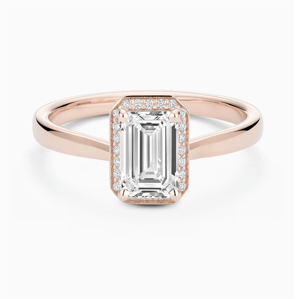 The Ecksand Love-Knot Diamond Halo Engagement Ring shown with Emerald in 14k Rose Gold