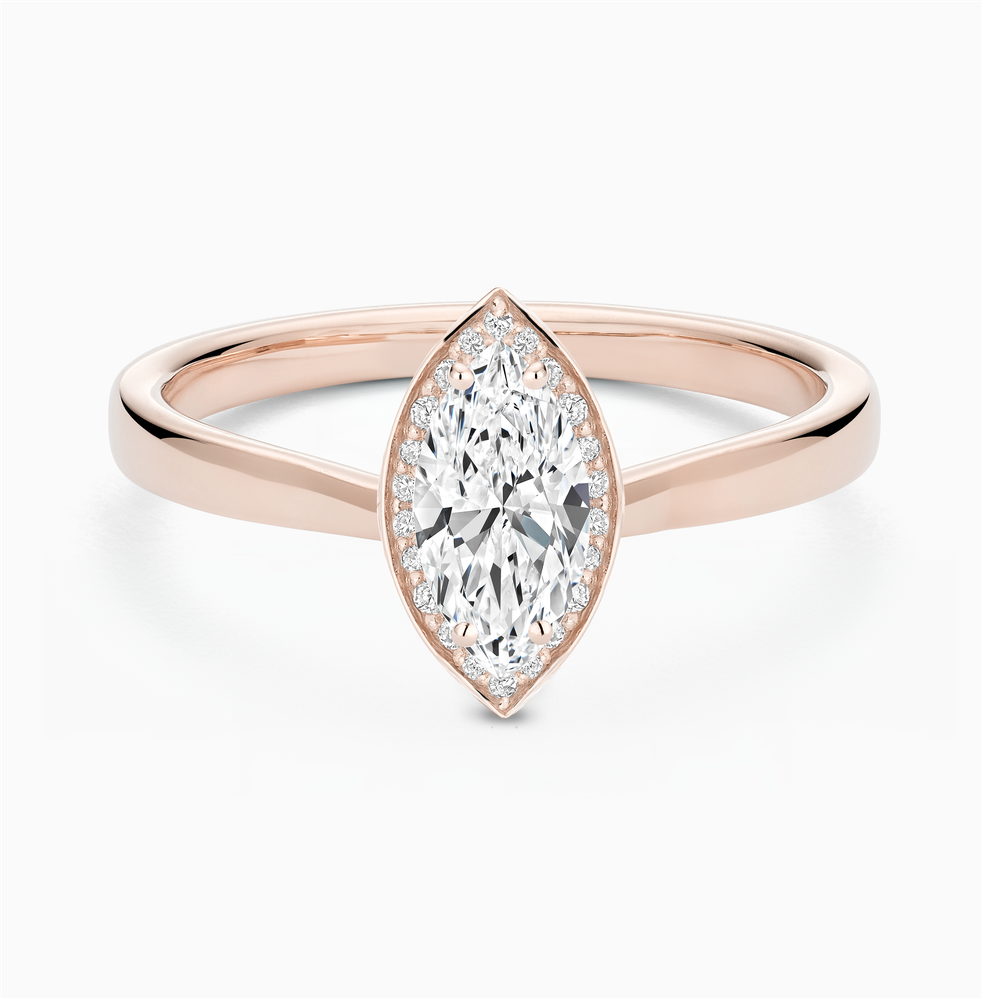 The Ecksand Love-Knot Diamond Halo Engagement Ring shown with Marquise in 14k Rose Gold