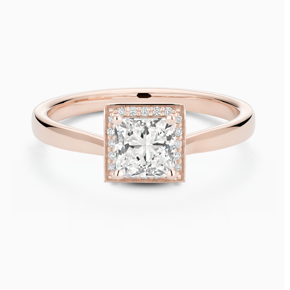 The Ecksand Love-Knot Diamond Halo Engagement Ring shown with Princess in 14k Rose Gold