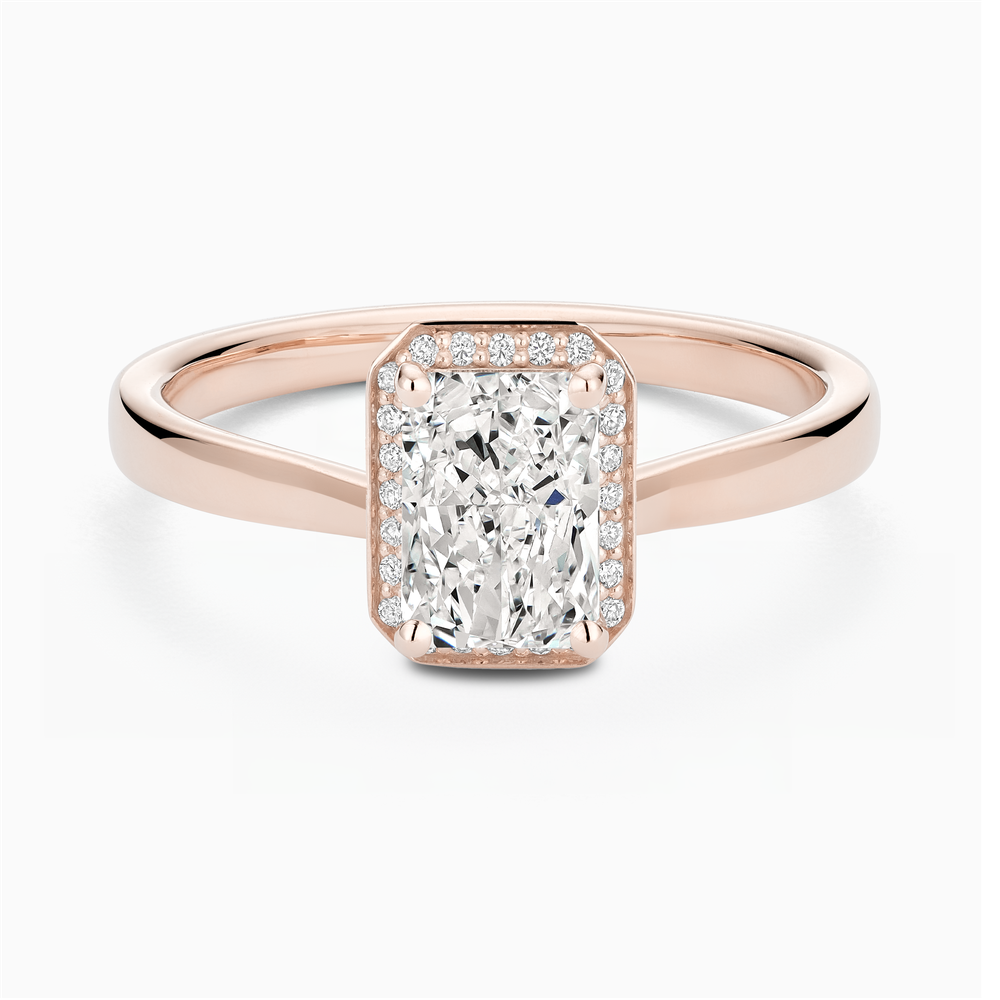 The Ecksand Love-Knot Diamond Halo Engagement Ring shown with Radiant in 14k Rose Gold