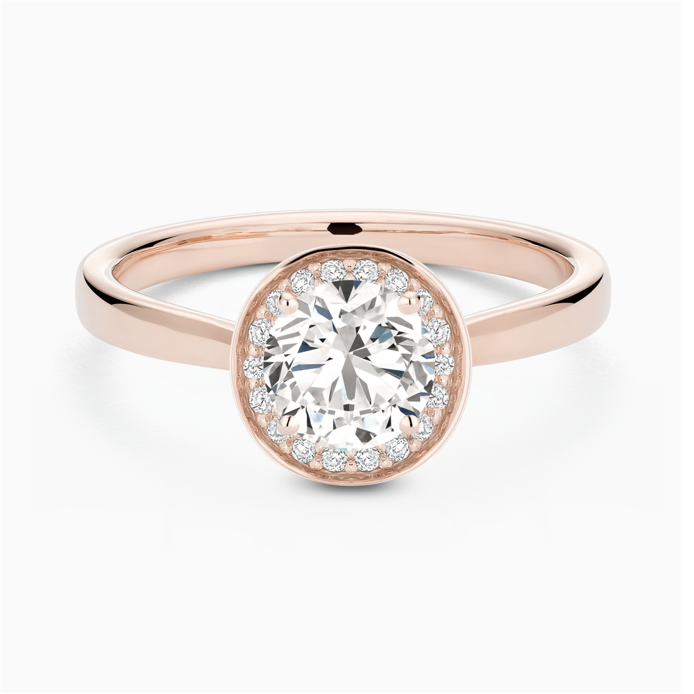 The Ecksand Love-Knot Diamond Halo Engagement Ring shown with Round in 14k Rose Gold