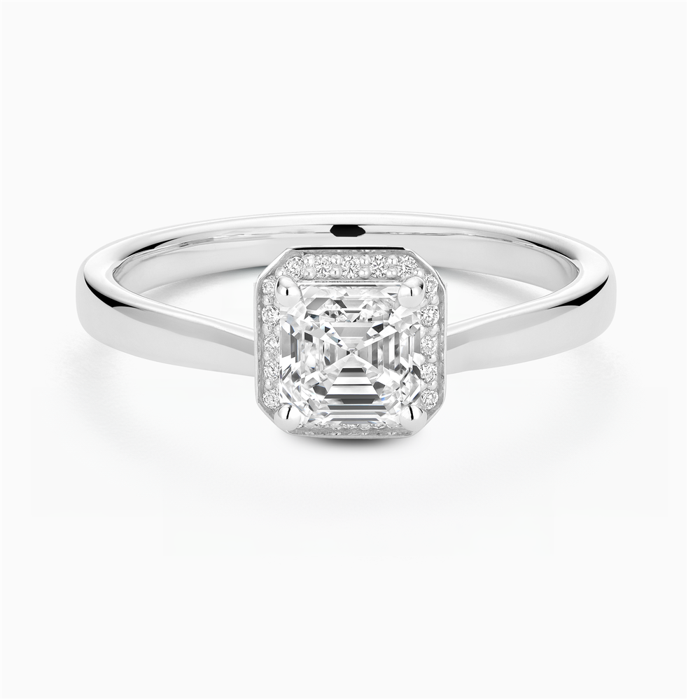 The Ecksand Love-Knot Diamond Halo Engagement Ring shown with Asscher in 14k White Gold