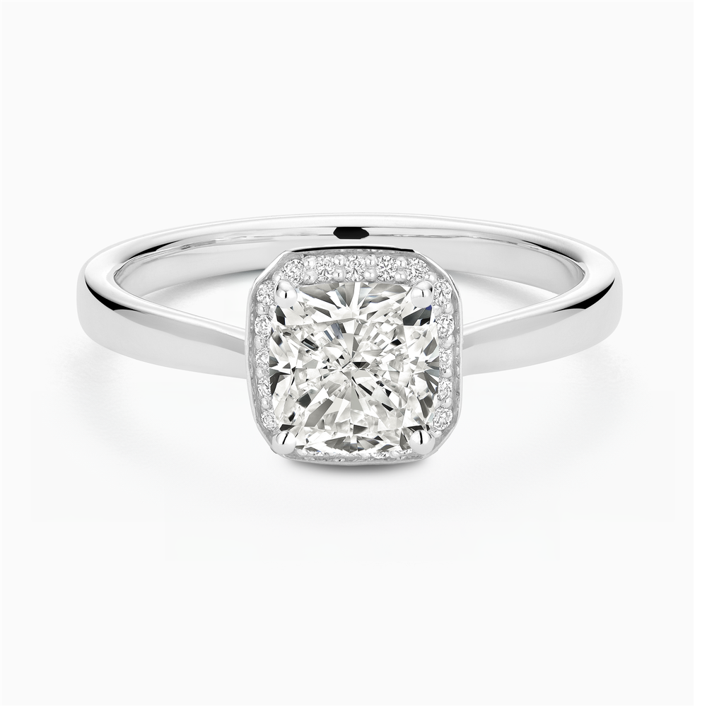 The Ecksand Love-Knot Diamond Halo Engagement Ring shown with Cushion in 14k White Gold