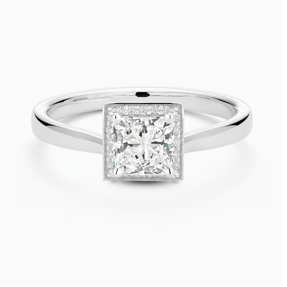 The Ecksand Love-Knot Diamond Halo Engagement Ring shown with Princess in 14k White Gold