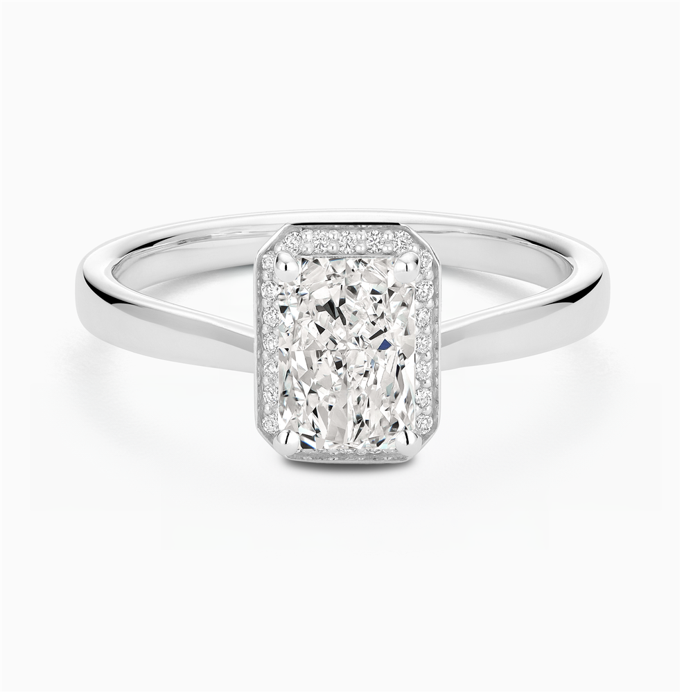 The Ecksand Love-Knot Diamond Halo Engagement Ring shown with Radiant in 14k White Gold