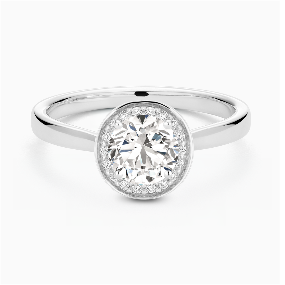 The Ecksand Love-Knot Diamond Halo Engagement Ring shown with Round in 14k White Gold