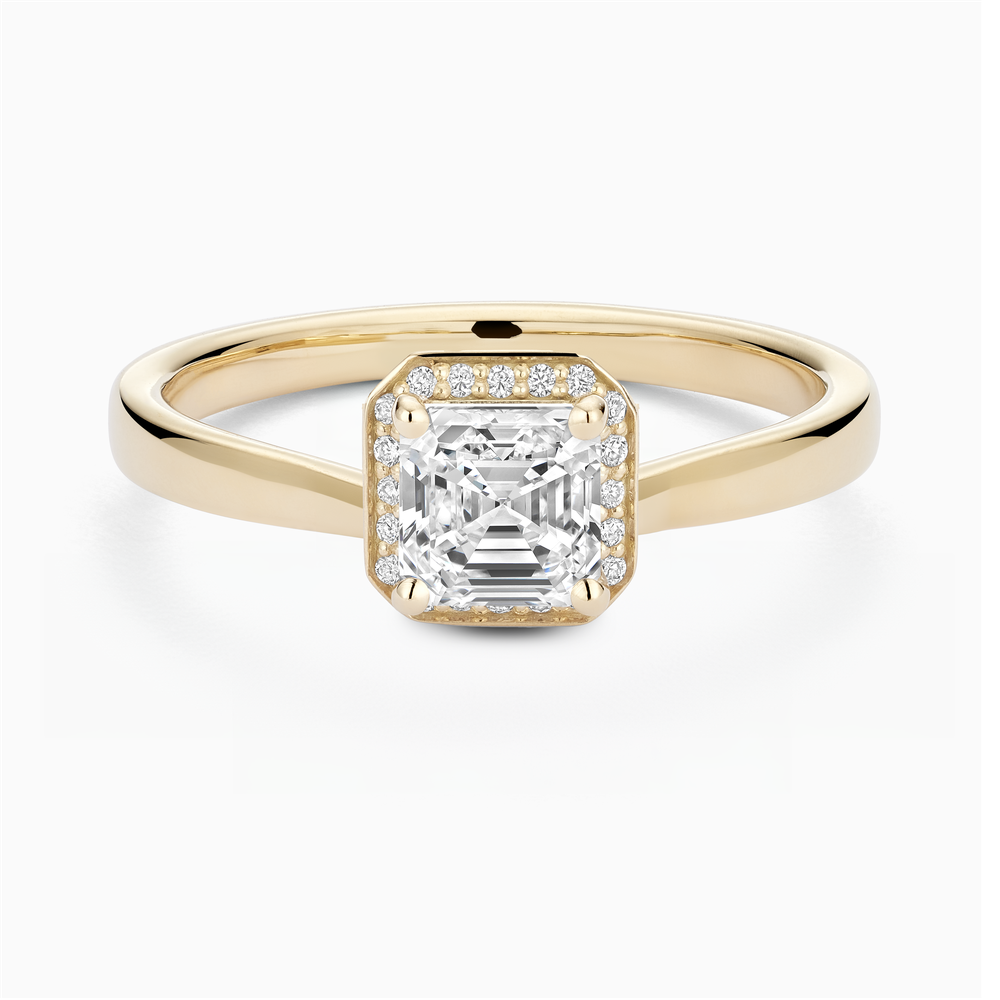 The Ecksand Love-Knot Diamond Halo Engagement Ring shown with Asscher in 14k Yellow Gold