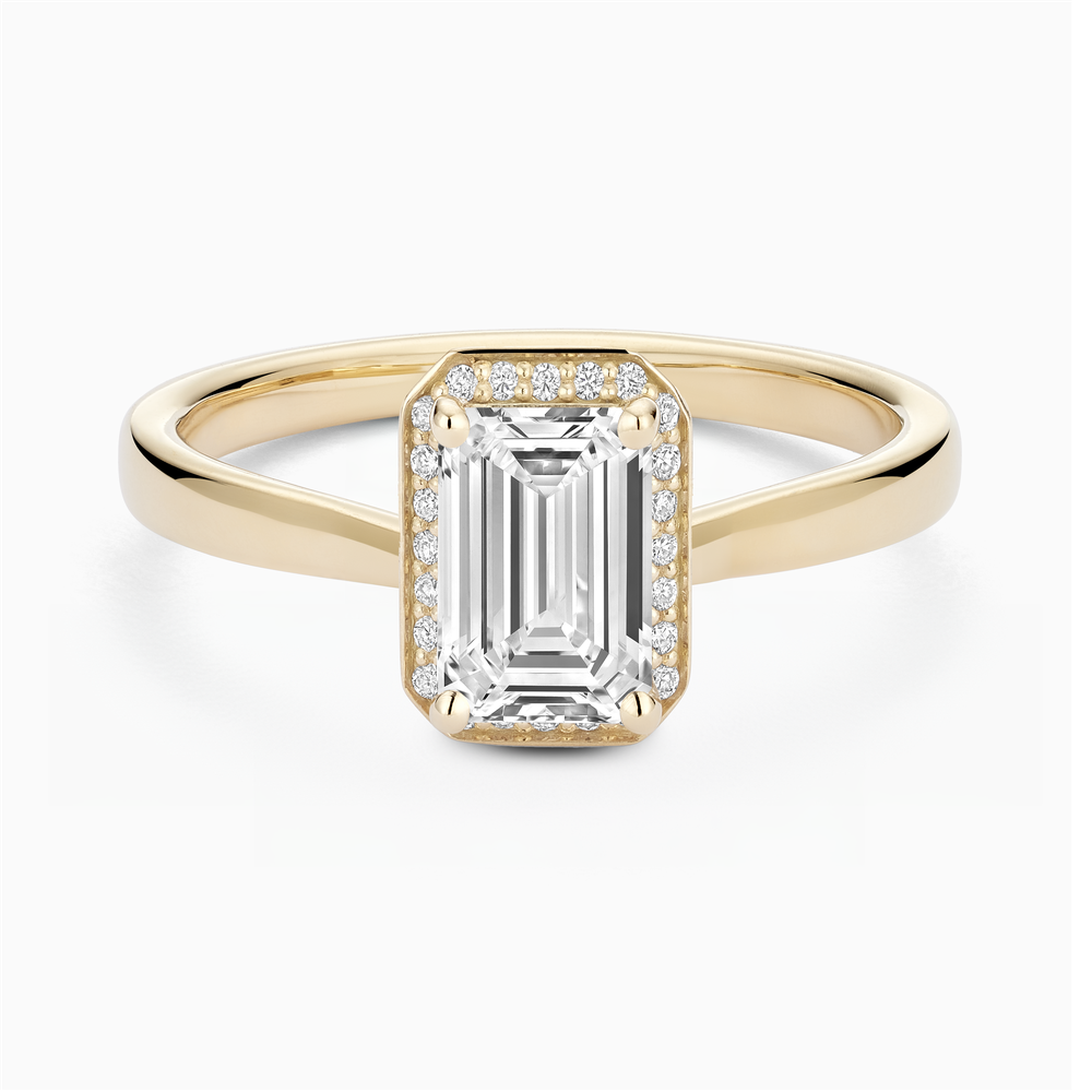 The Ecksand Love-Knot Diamond Halo Engagement Ring shown with Emerald in 14k Yellow Gold