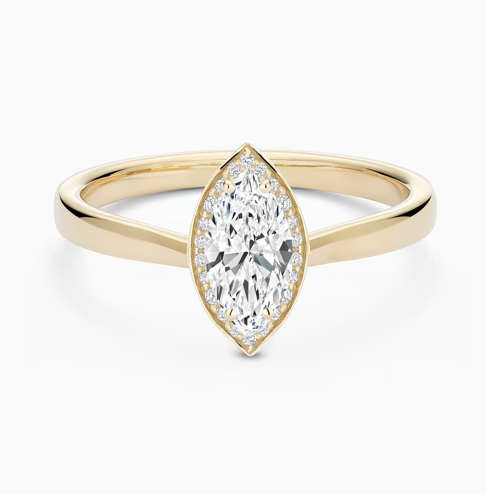 The Ecksand Love-Knot Diamond Halo Engagement Ring shown with Marquise in 14k Yellow Gold