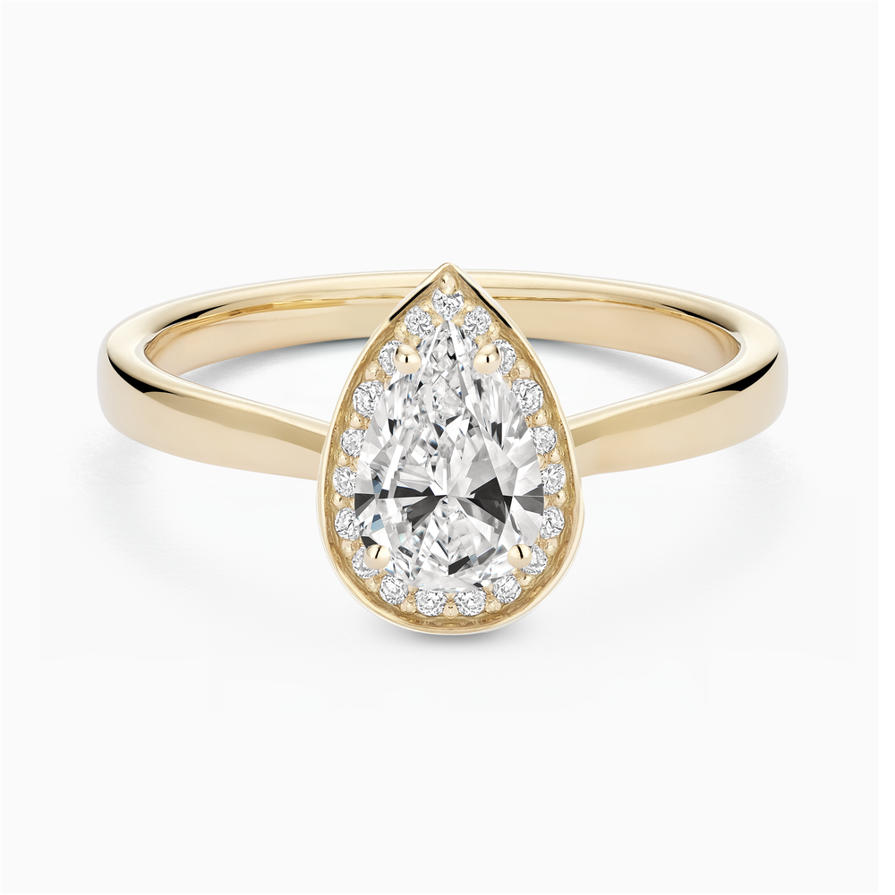 The Ecksand Love-Knot Diamond Halo Engagement Ring shown with Pear in 14k Yellow Gold