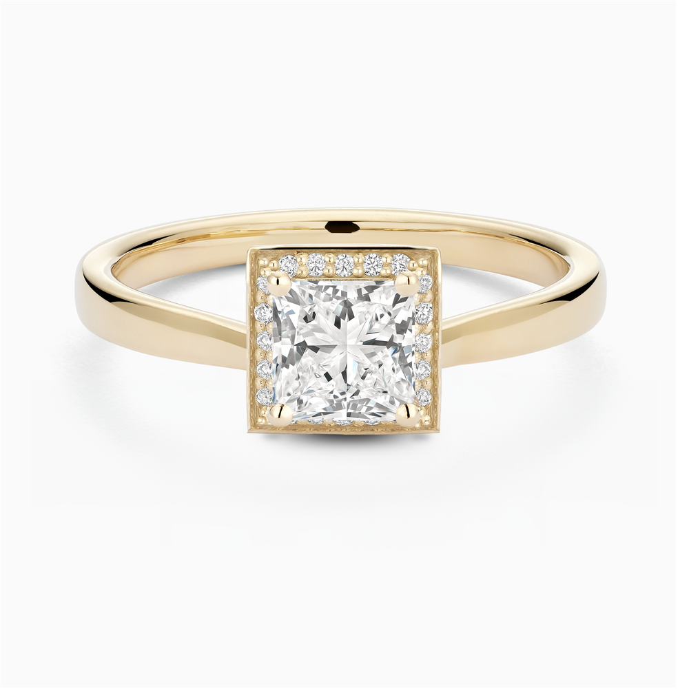 The Ecksand Love-Knot Diamond Halo Engagement Ring shown with Princess in 14k Yellow Gold