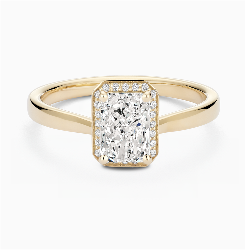 The Ecksand Love-Knot Diamond Halo Engagement Ring shown with Radiant in 14k Yellow Gold