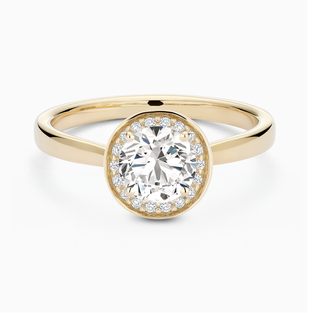 The Ecksand Love-Knot Diamond Halo Engagement Ring shown with Round in 14k Yellow Gold