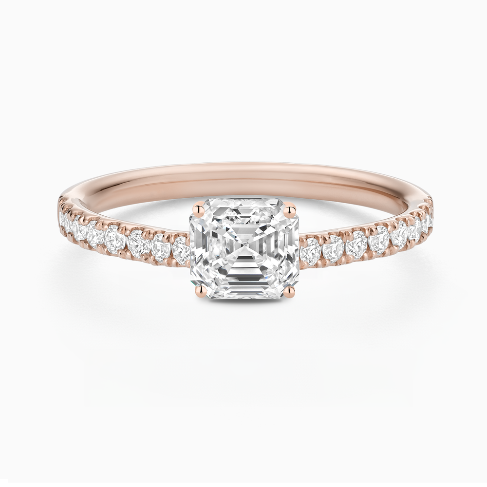 The Ecksand Engagement Ring with Cathedral Setting and Diamond Belt shown with Asscher in 14k Rose Gold