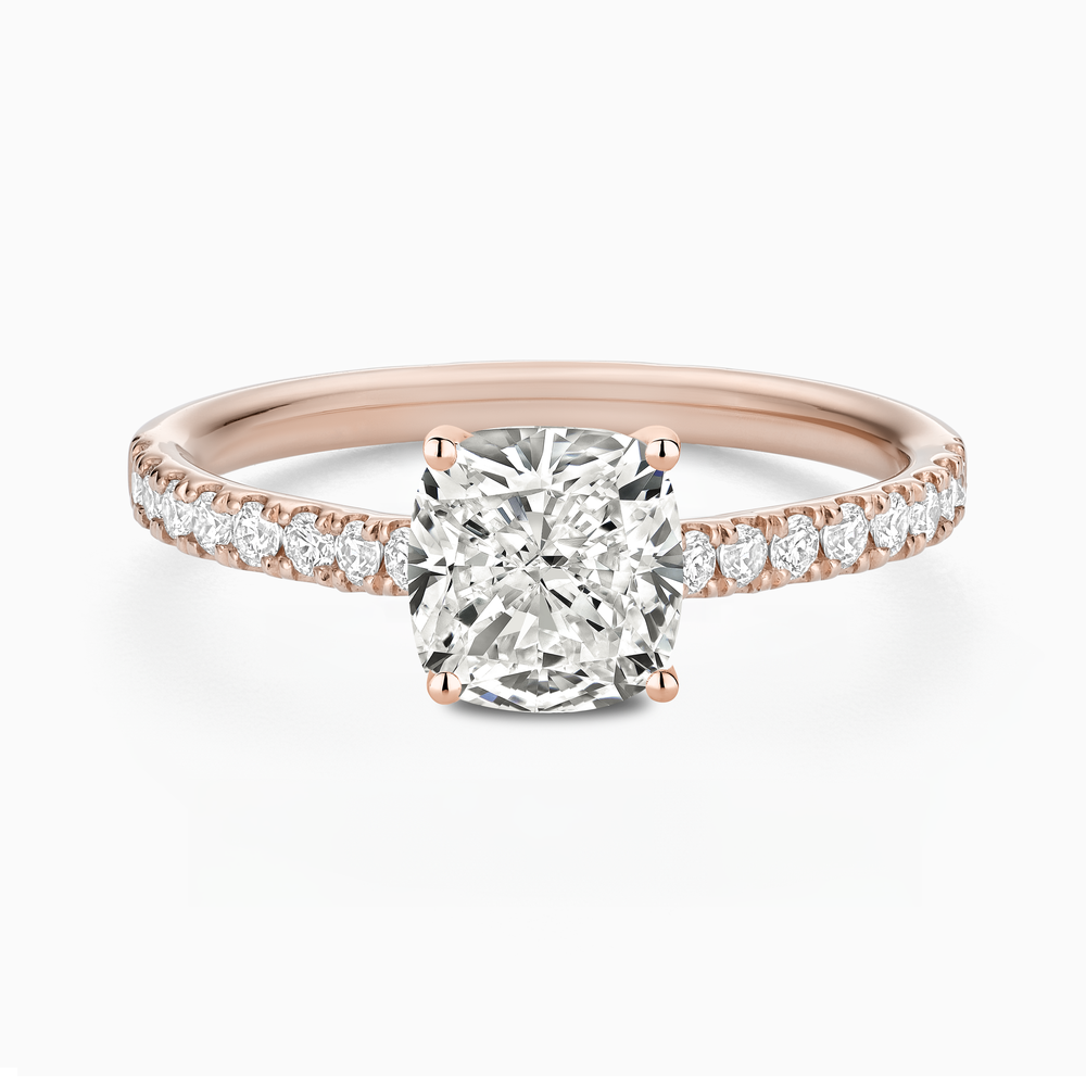 The Ecksand Engagement Ring with Cathedral Setting and Diamond Belt shown with Cushion in 14k Rose Gold