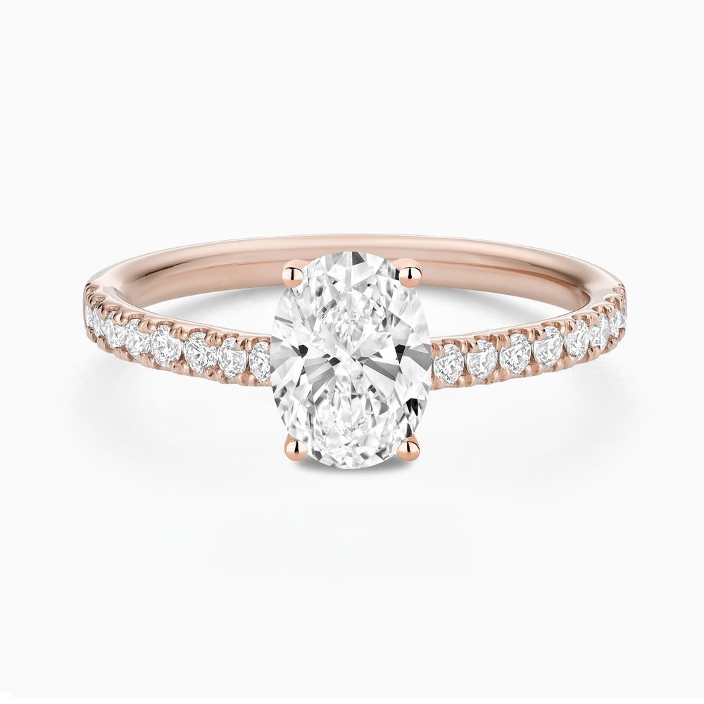 The Ecksand Engagement Ring with Cathedral Setting and Diamond Belt shown with Oval in 14k Rose Gold