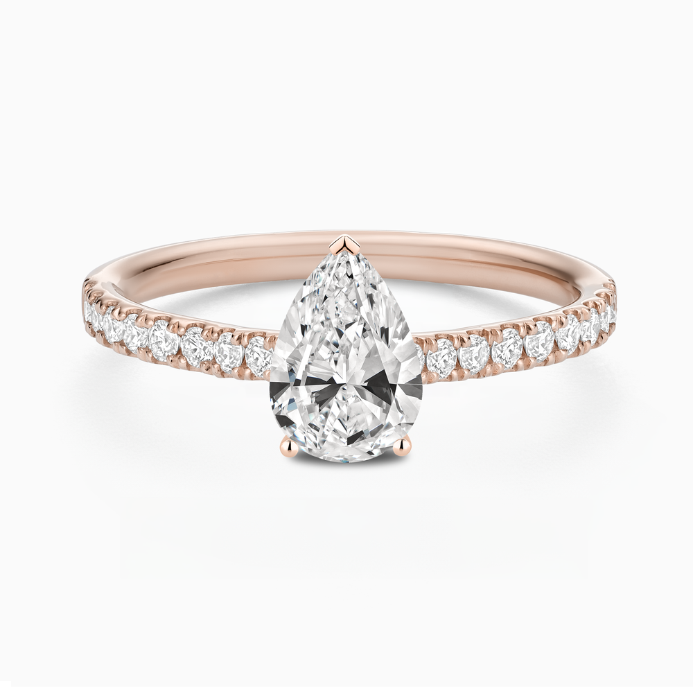 The Ecksand Engagement Ring with Cathedral Setting and Diamond Belt shown with Pear in 14k Rose Gold