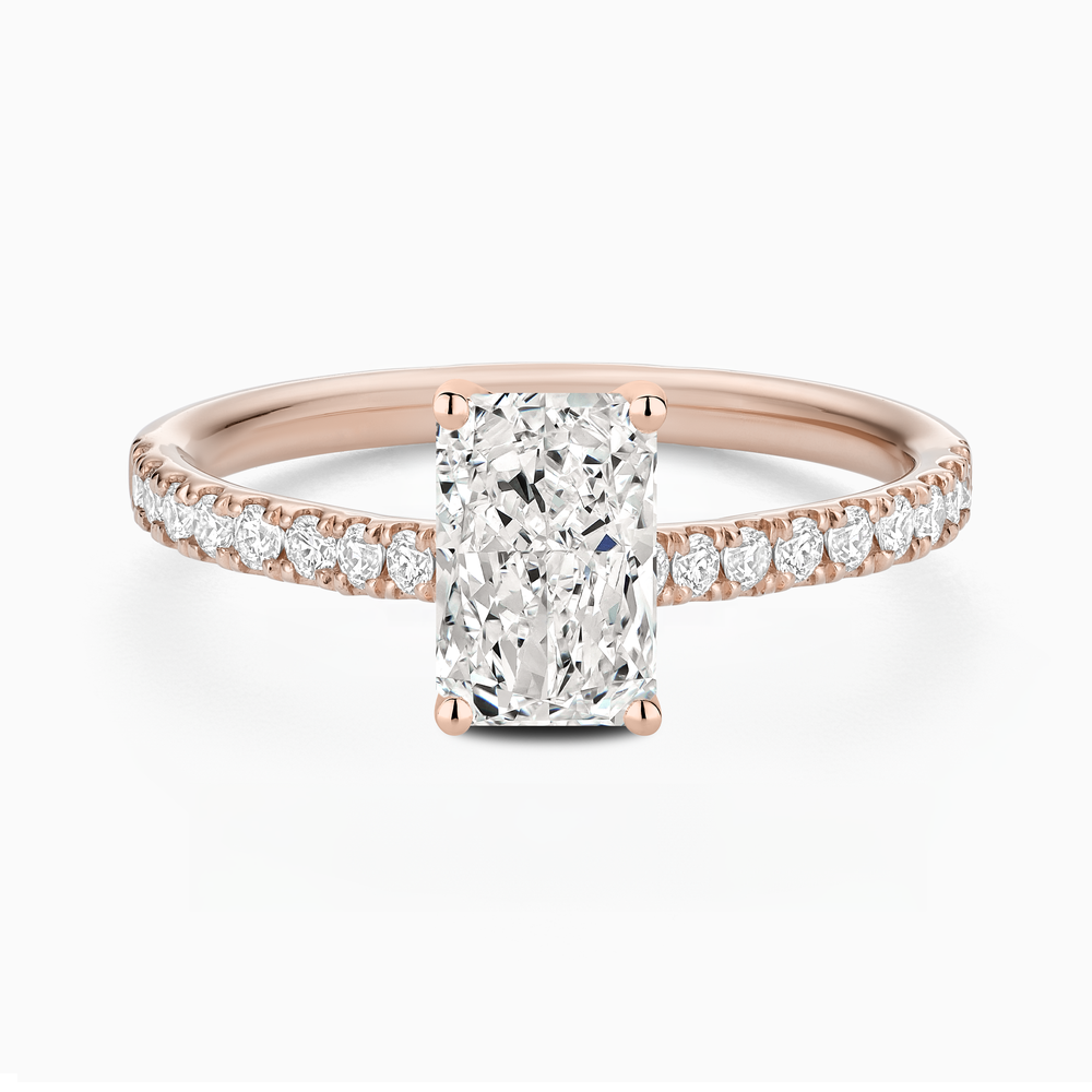 The Ecksand Engagement Ring with Cathedral Setting and Diamond Belt shown with Radiant in 14k Rose Gold