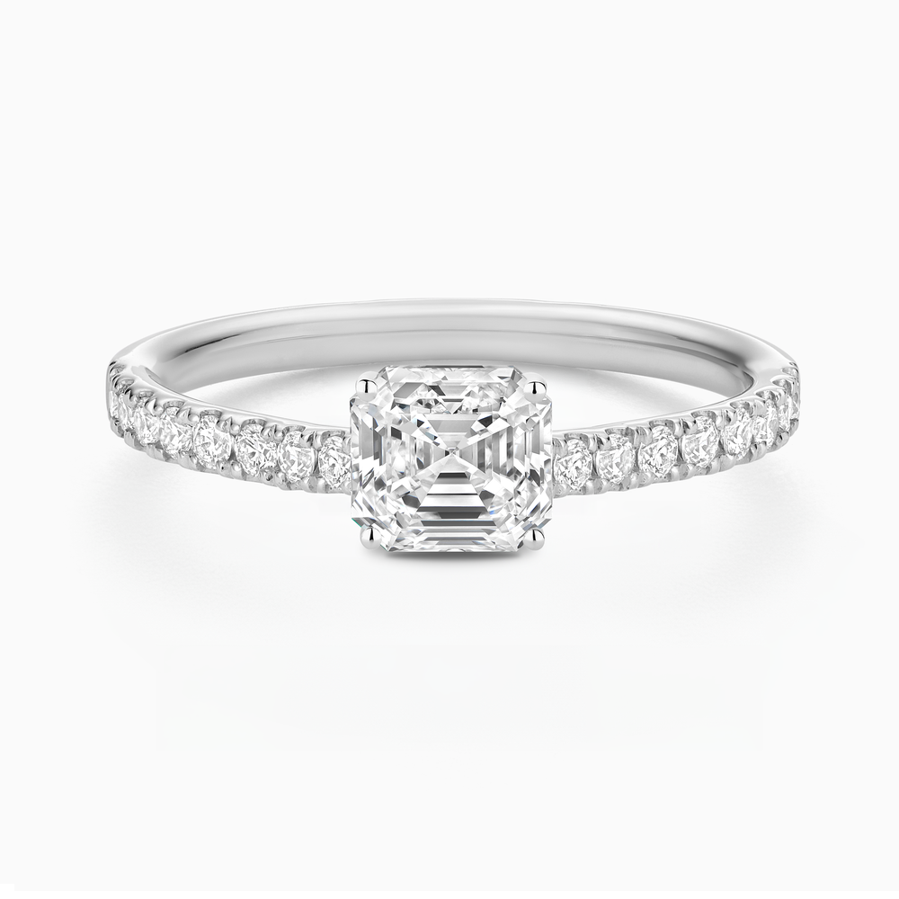 The Ecksand Engagement Ring with Cathedral Setting and Diamond Belt shown with Asscher in 14k White Gold