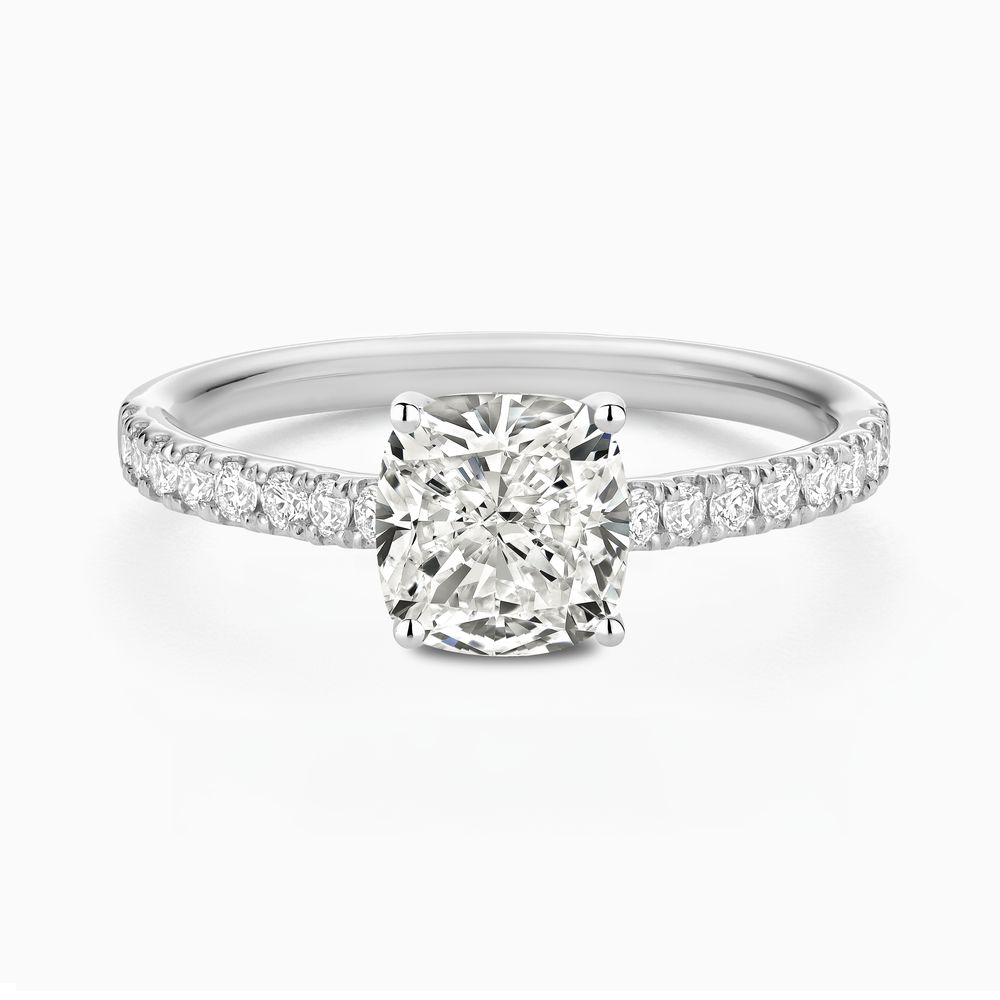 The Ecksand Engagement Ring with Cathedral Setting and Diamond Belt shown with Cushion in 14k White Gold