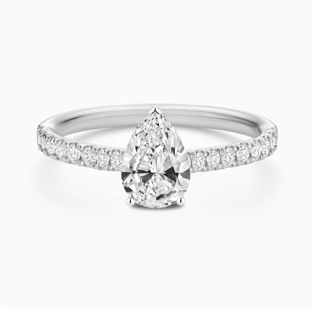 The Ecksand Engagement Ring with Cathedral Setting and Diamond Belt shown with Pear in 14k White Gold