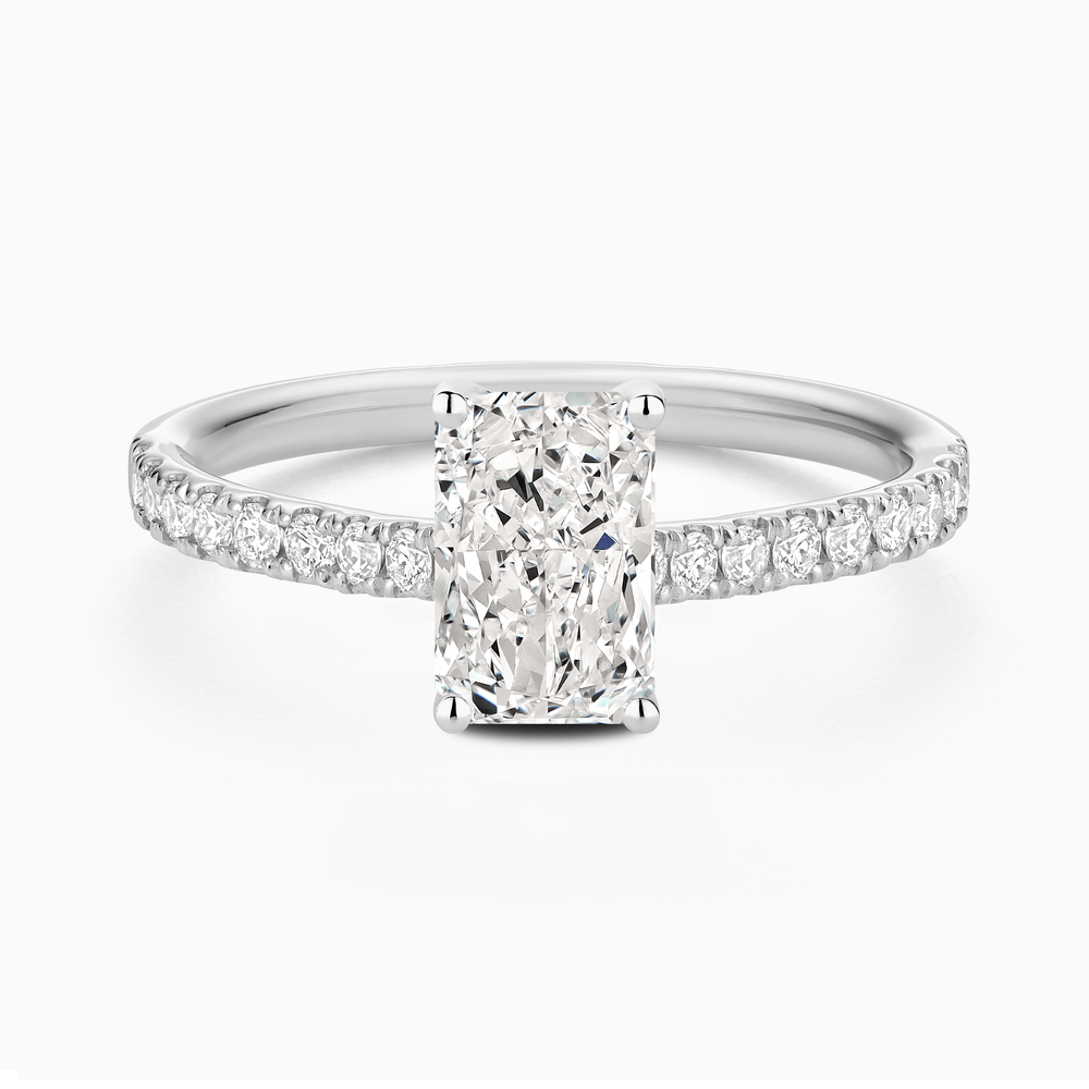 The Ecksand Engagement Ring with Cathedral Setting and Diamond Belt shown with Radiant in 14k White Gold