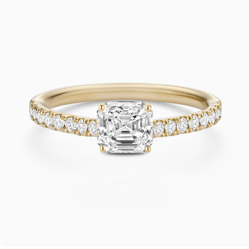 The Ecksand Engagement Ring with Cathedral Setting and Diamond Belt shown with Asscher in 14k Yellow Gold