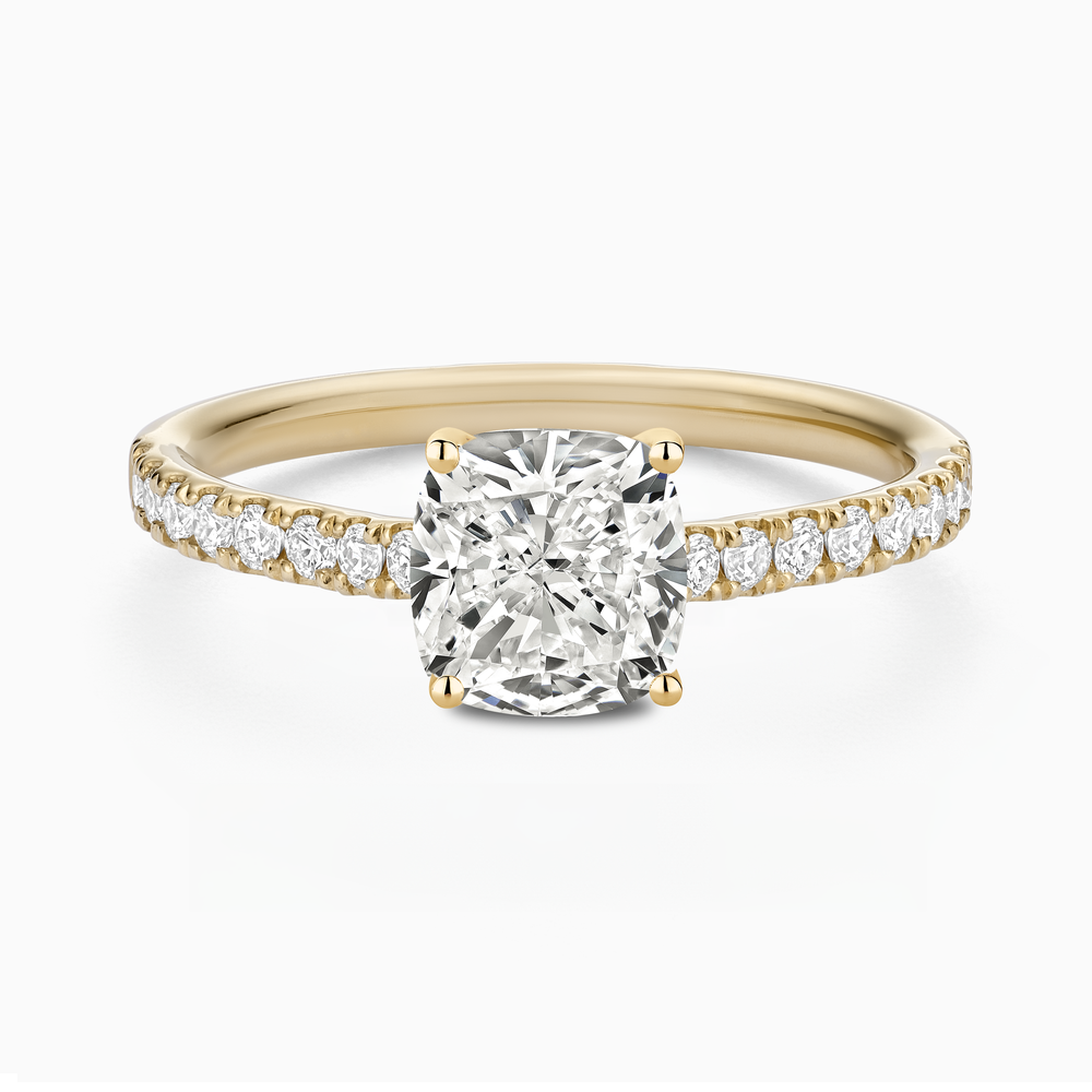 The Ecksand Engagement Ring with Cathedral Setting and Diamond Belt shown with Cushion in 14k Yellow Gold