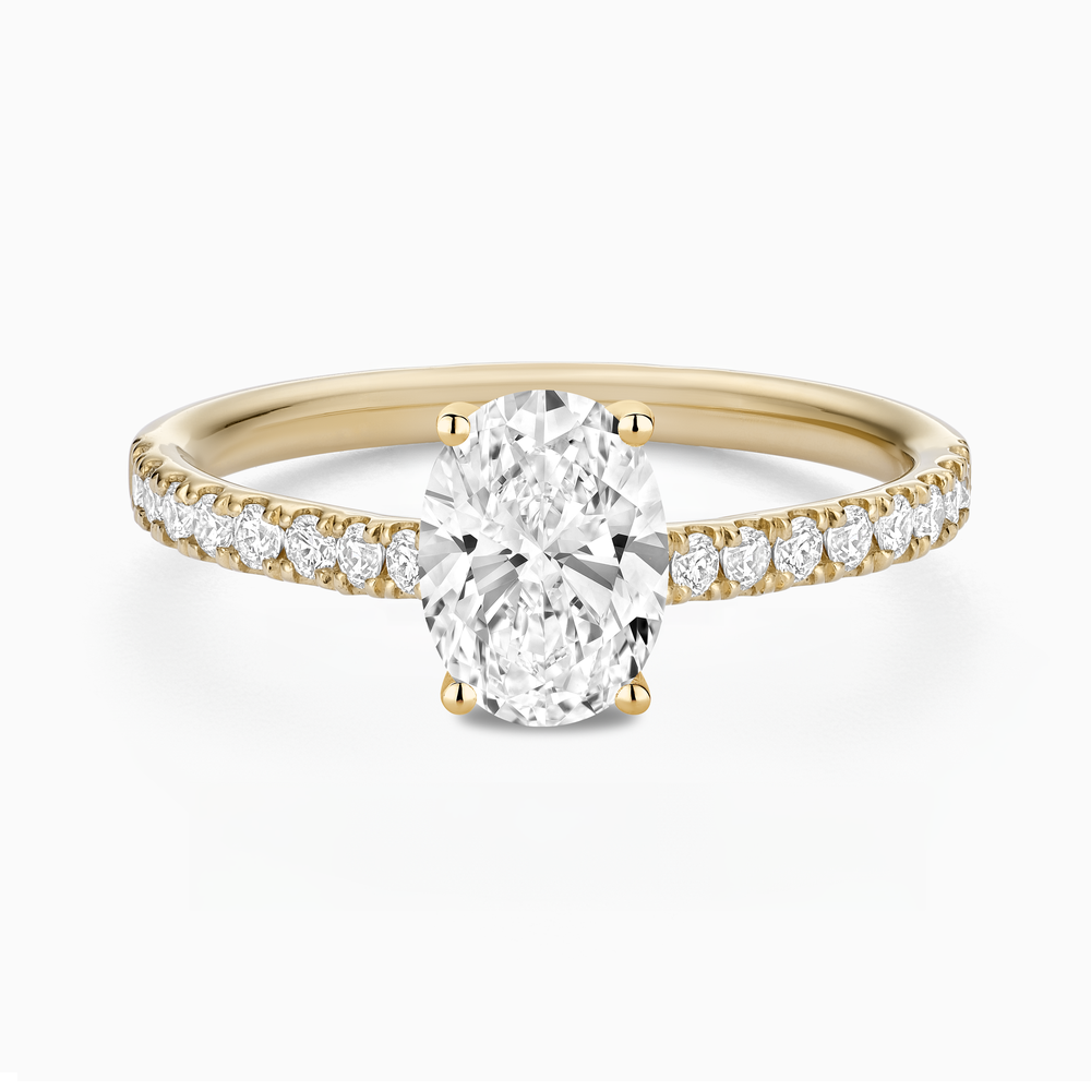 The Ecksand Engagement Ring with Cathedral Setting and Diamond Belt shown with Oval in 14k Yellow Gold