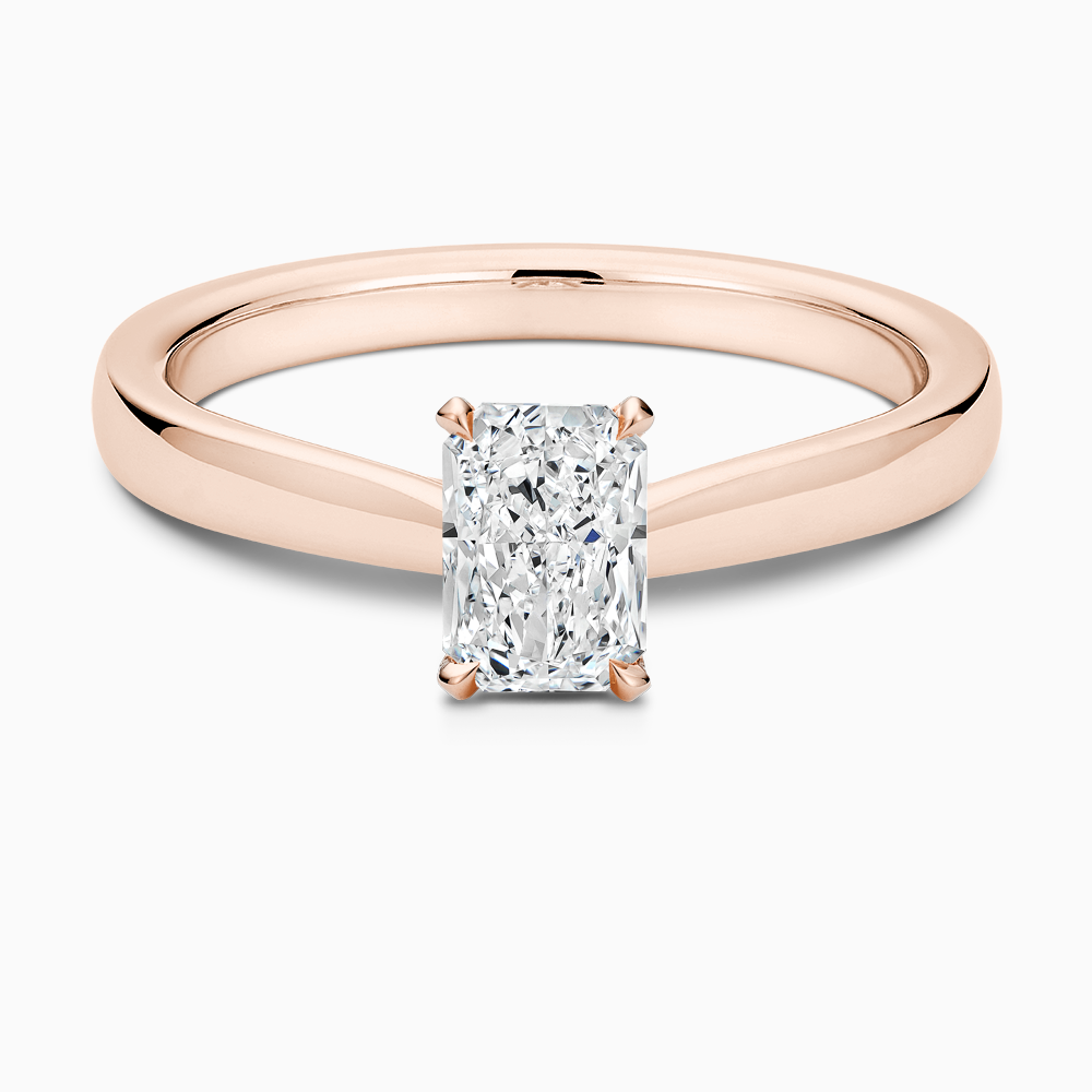The Ecksand Love-Knot Solitaire Diamond Engagement Ring with Eagle Prongs shown with Radiant in 14k Rose Gold