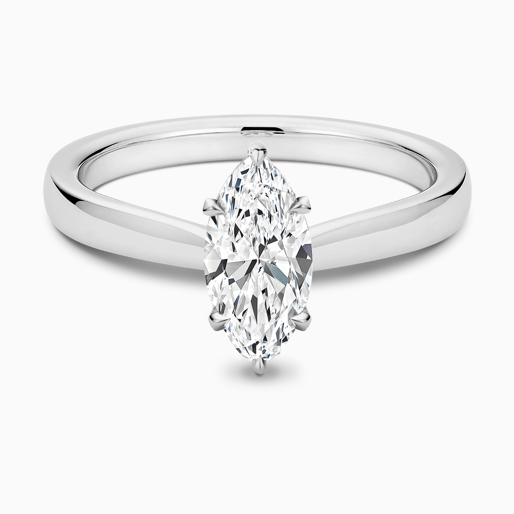 The Ecksand Love-Knot Solitaire Diamond Engagement Ring with Eagle Prongs shown with Marquise in 14k White Gold