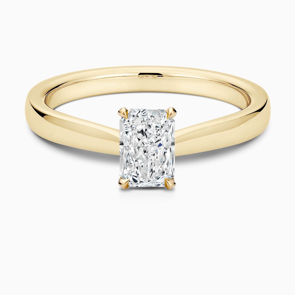 The Ecksand Love-Knot Solitaire Diamond Engagement Ring with Eagle Prongs shown with Radiant in 18k Yellow Gold